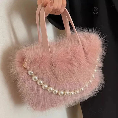 Winter Faux Fur Pearl Chain Crossbody Handbag handbag-250126