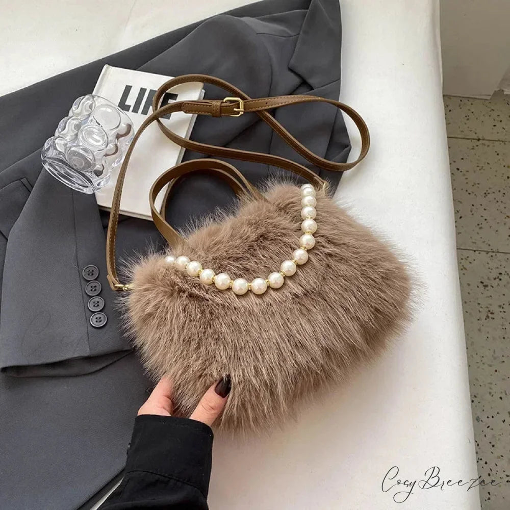 Winter Faux Fur Pearl Chain Crossbody Handbag Coffee handbag-250126