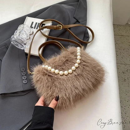 Winter Faux Fur Pearl Chain Crossbody Handbag Coffee handbag-250126