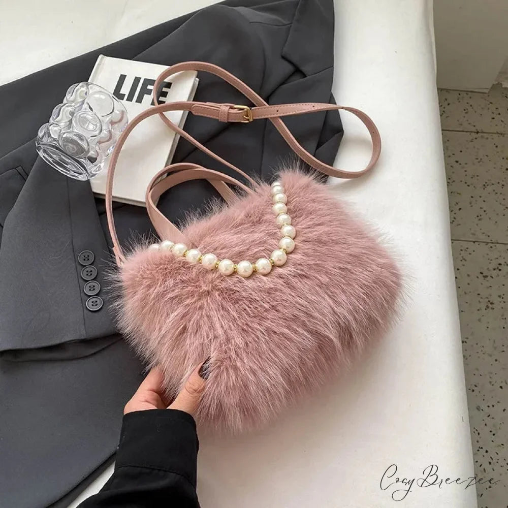 Winter Faux Fur Pearl Chain Crossbody Handbag Pink handbag-250126
