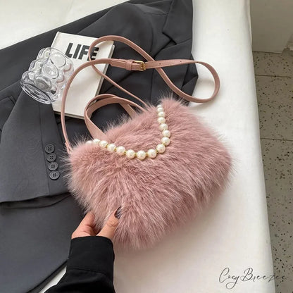 Winter Faux Fur Pearl Chain Crossbody Handbag Pink handbag-250126