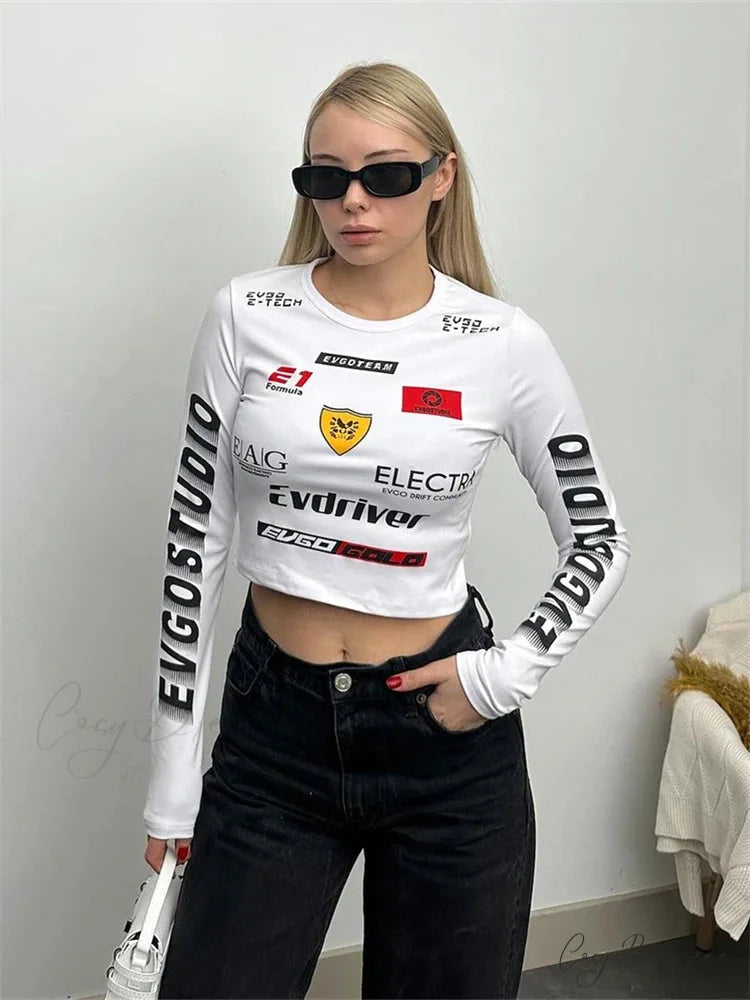 Winter Motor Style Letter Print Cyber Slim Knit Top knittop-250126