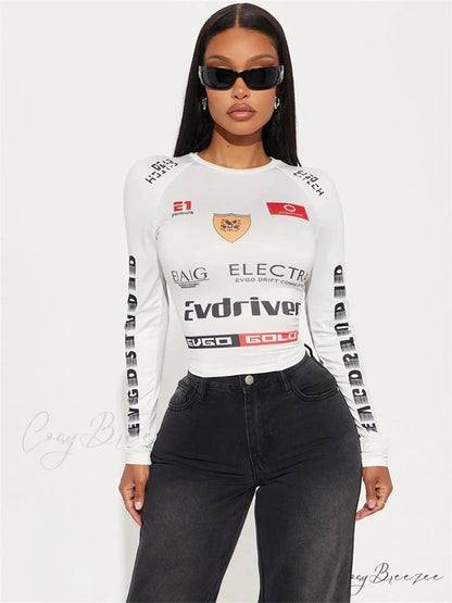 Winter Motor Style Letter Print Cyber Slim Knit Top knittop-250126