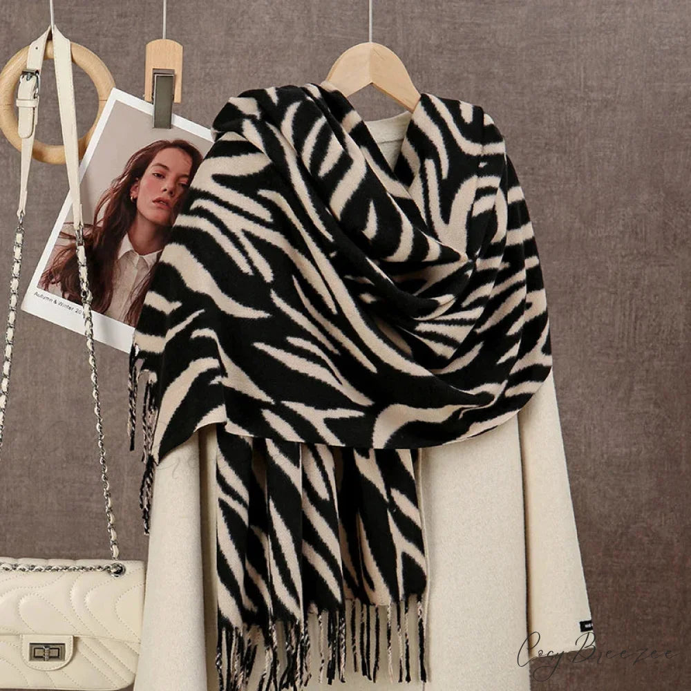 Winter Plaid Cashmere Poncho Tassel Scarf - Luxury Warm Thickened Unisex APRICOT Zebra-stripe