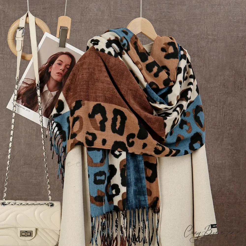 Winter Plaid Cashmere Poncho Tassel Scarf - Luxury Warm Thickened Unisex BLUE LEOPARD