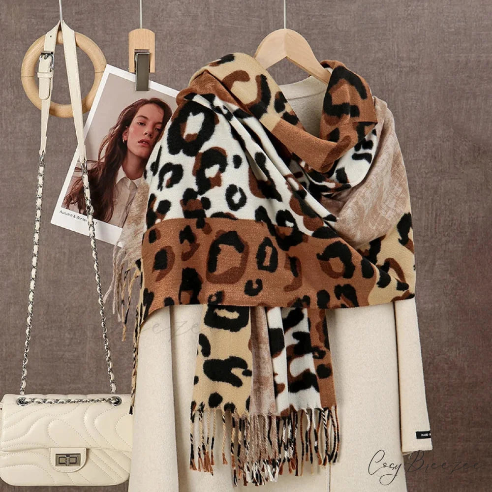 Winter Plaid Cashmere Poncho Tassel Scarf - Luxury Warm Thickened Unisex BROWN LEOPARD