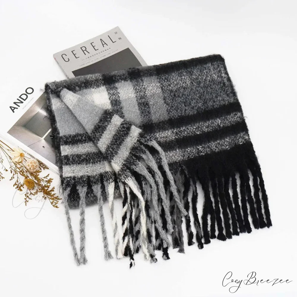Winter Plaid Cashmere Poncho Tassel Scarf - Luxury Warm Thickened Unisex GREY 1