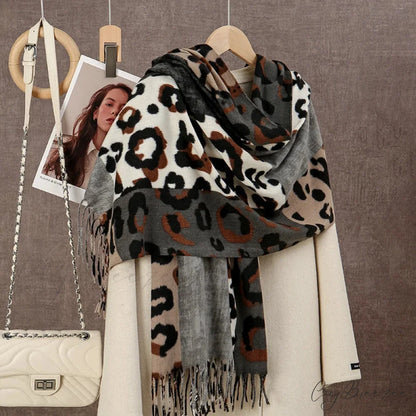 Winter Plaid Cashmere Poncho Tassel Scarf - Luxury Warm Thickened Unisex GREY LEOPARD