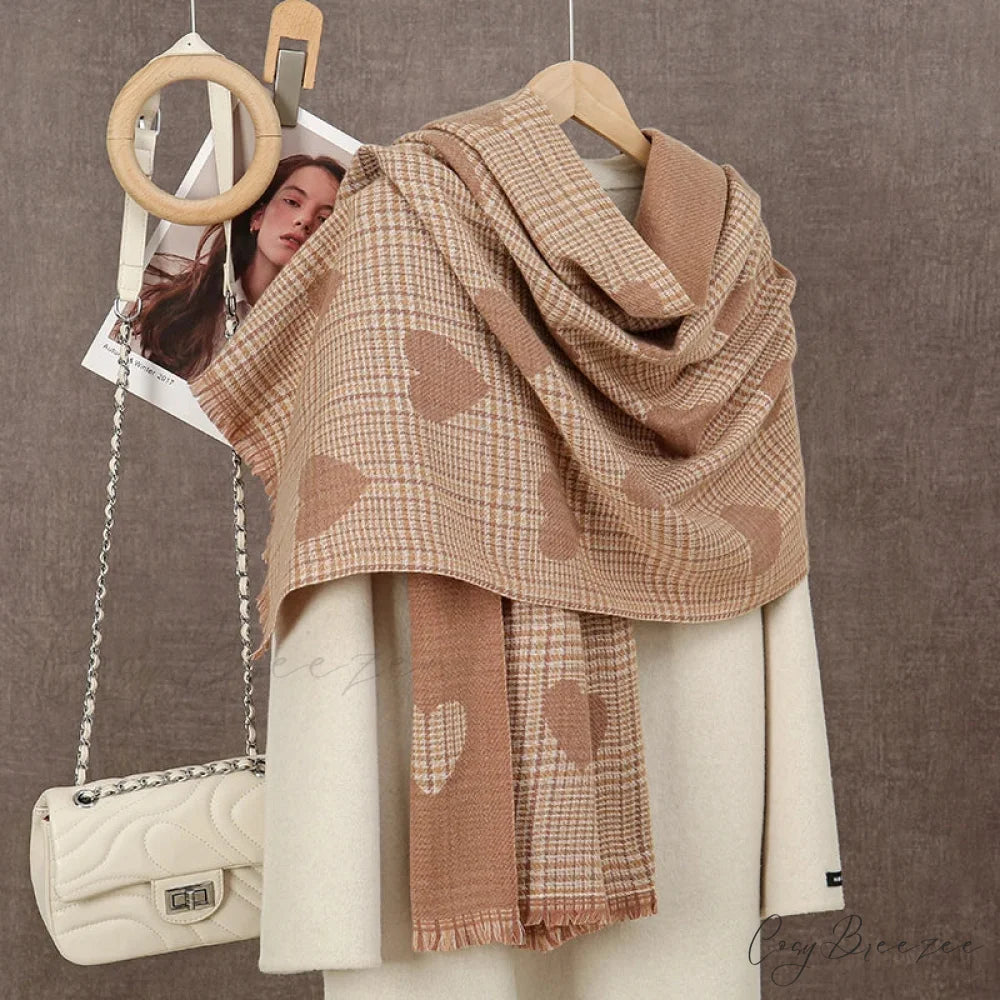 Winter Plaid Cashmere Poncho Tassel Scarf - Luxury Warm Thickened Unisex GREY ORANGE HEART