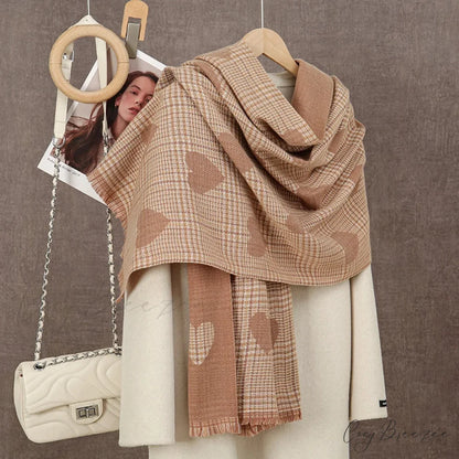 Winter Plaid Cashmere Poncho Tassel Scarf - Luxury Warm Thickened Unisex GREY ORANGE HEART