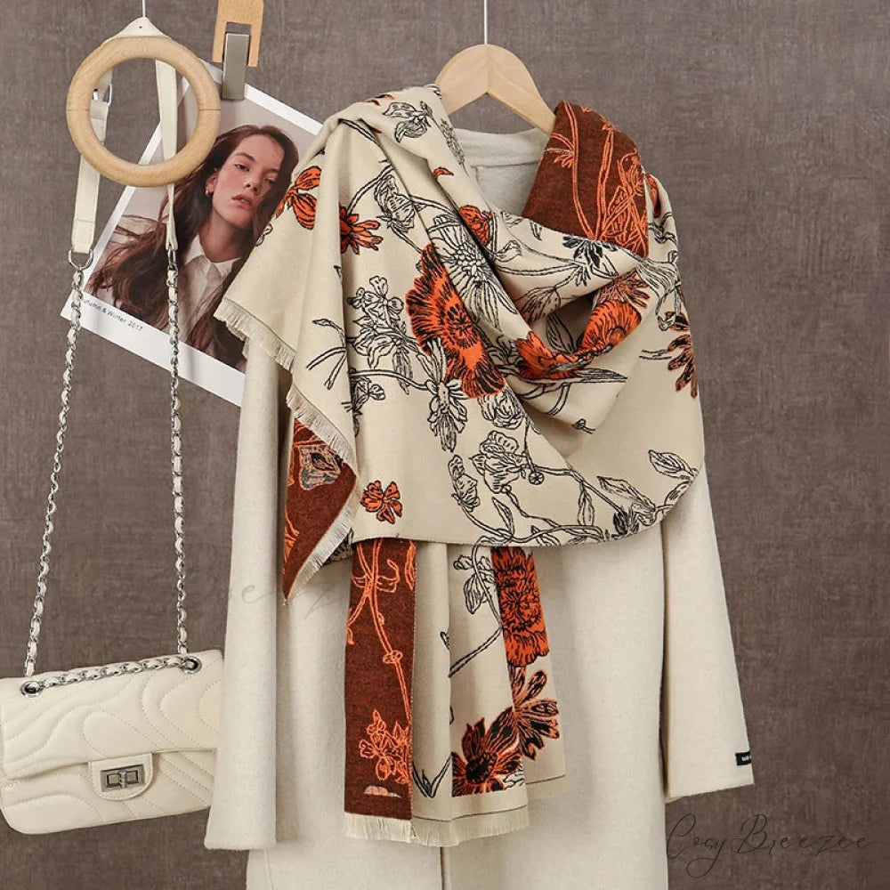 Winter Plaid Cashmere Poncho Tassel Scarf - Luxury Warm Thickened Unisex ORANGE
