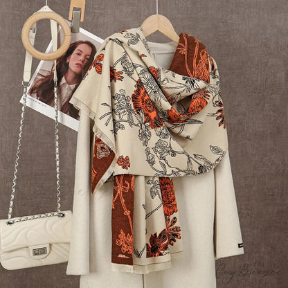 Winter Plaid Cashmere Poncho Tassel Scarf - Luxury Warm Thickened Unisex ORANGE