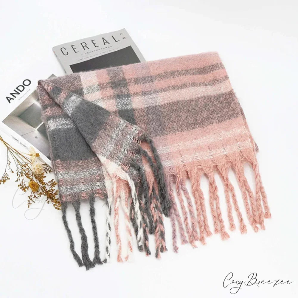 Winter Plaid Cashmere Poncho Tassel Scarf - Luxury Warm Thickened Unisex PINK
