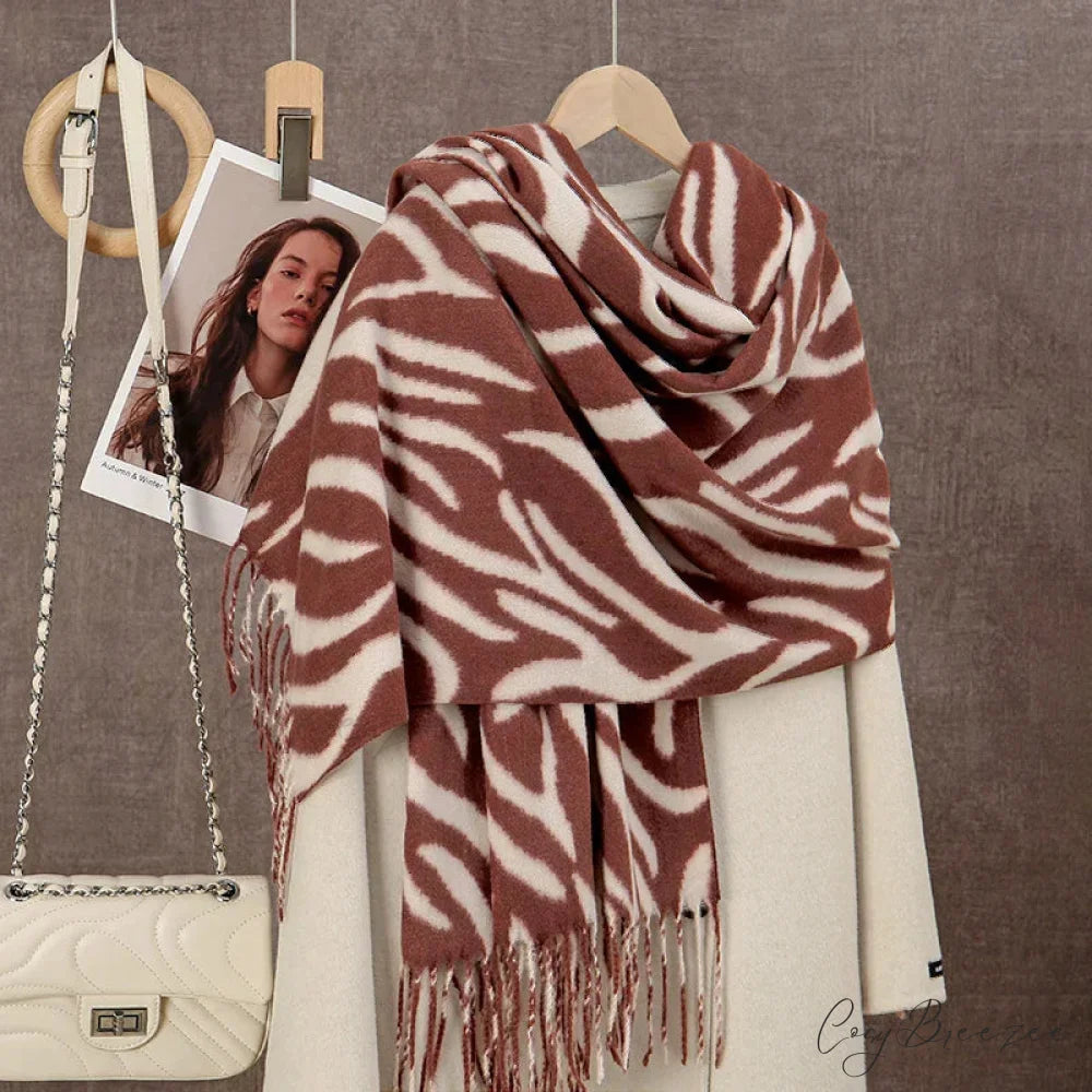 Winter Plaid Cashmere Poncho Tassel Scarf - Luxury Warm Thickened Unisex RED Zebra-stripe