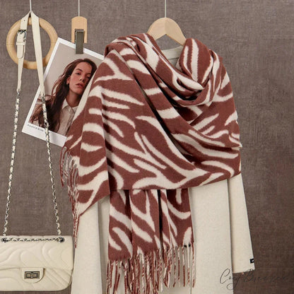 Winter Plaid Cashmere Poncho Tassel Scarf - Luxury Warm Thickened Unisex RED Zebra-stripe