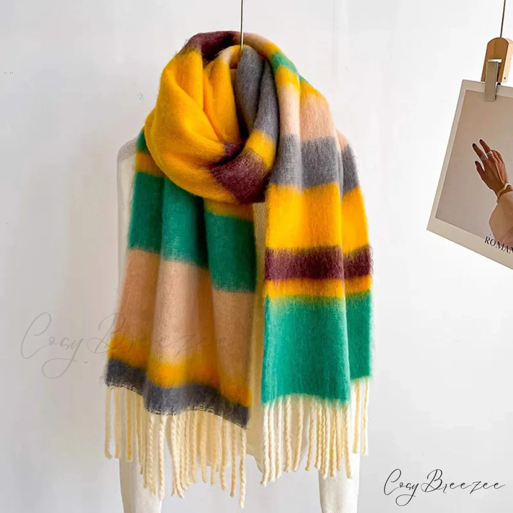 Winter Plaid Cashmere Poncho Tassel Scarf - Luxury Warm Thickened Unisex YELLOW GREEN