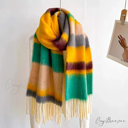 Winter Plaid Cashmere Poncho Tassel Scarf - Luxury Warm Thickened Unisex YELLOW GREEN