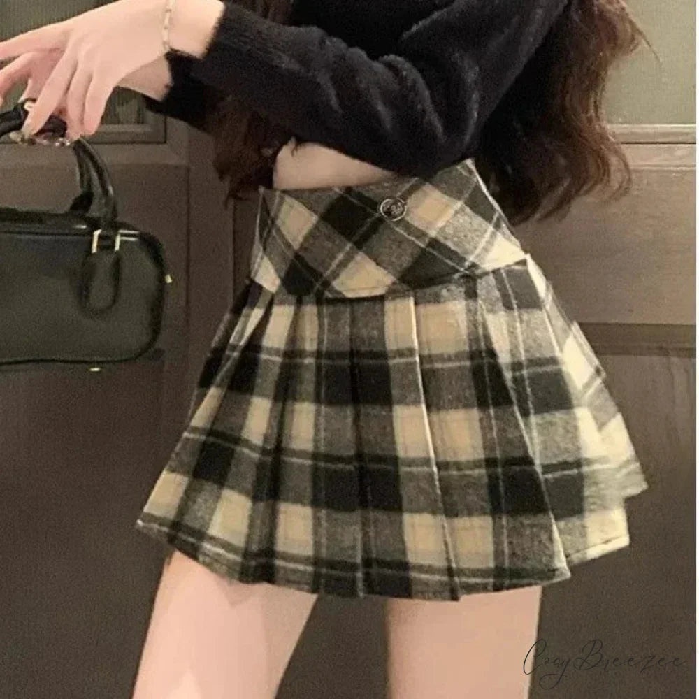 Winter Plaid Woolen Preppy Check Pleated Mini Skirt