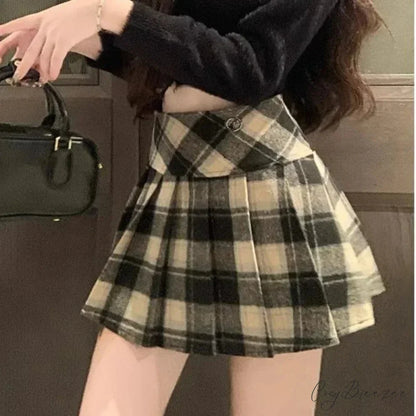 Winter Plaid Woolen Preppy Check Pleated Mini Skirt