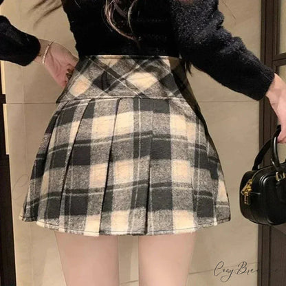 Winter Plaid Woolen Preppy Check Pleated Mini Skirt
