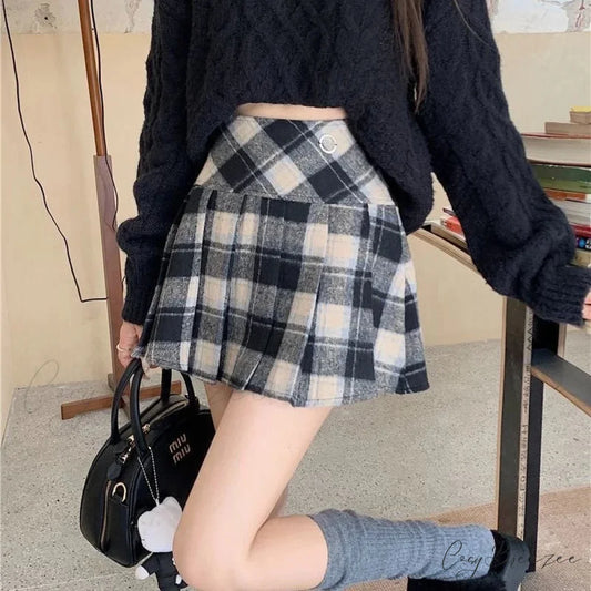 Winter Plaid Woolen Preppy Check Pleated Mini Skirt Black / S