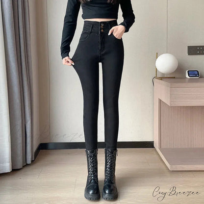 Winter Plus Velvet Skinny Women Stretch Denim Trousers Retro Patchwork Autumn Warm Thick Pencil Pants Jean