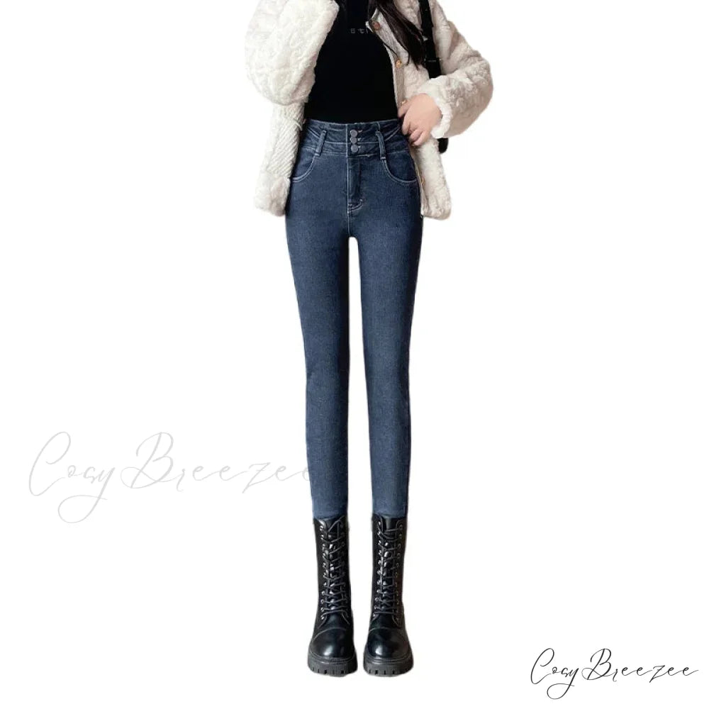 Winter Plus Velvet Skinny Women Stretch Denim Trousers Retro Patchwork Autumn Warm Thick Pencil Pants Jean