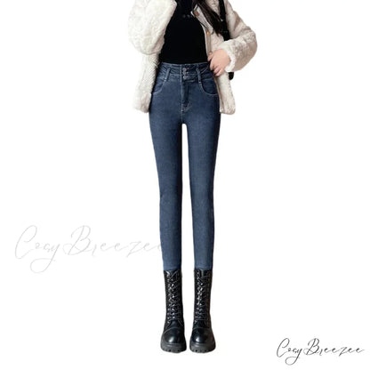 Winter Plus Velvet Skinny Women Stretch Denim Trousers Retro Patchwork Autumn Warm Thick Pencil Pants Jean