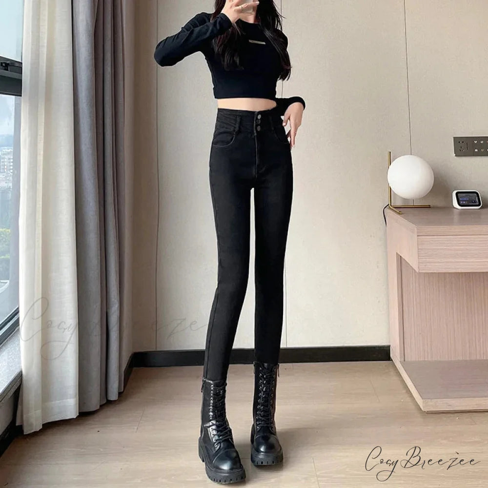 Winter Plus Velvet Skinny Women Stretch Denim Trousers Retro Patchwork Autumn Warm Thick Pencil Pants Jean BLACK / 25