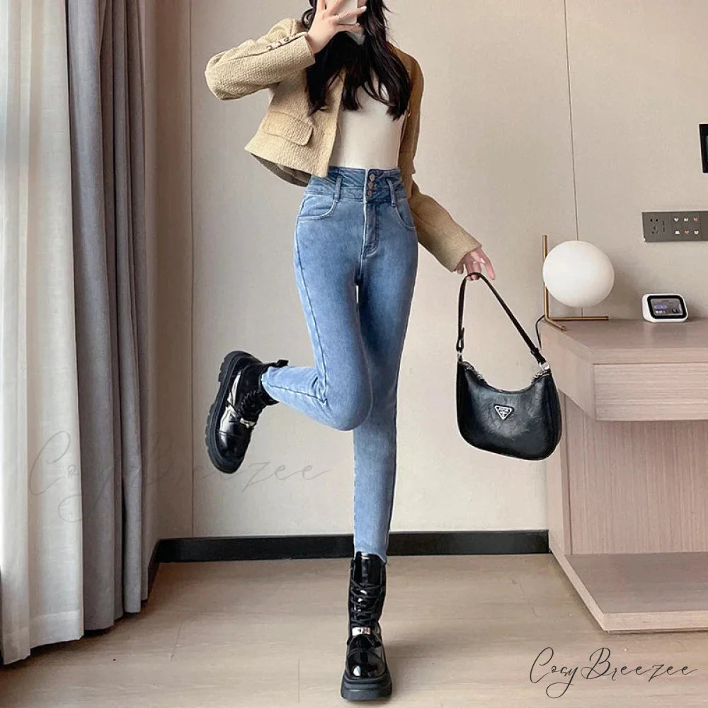 Winter Plus Velvet Skinny Women Stretch Denim Trousers Retro Patchwork Autumn Warm Thick Pencil Pants Jean BLUE / 25