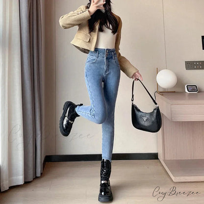 Winter Plus Velvet Skinny Women Stretch Denim Trousers Retro Patchwork Autumn Warm Thick Pencil Pants Jean BLUE / 25