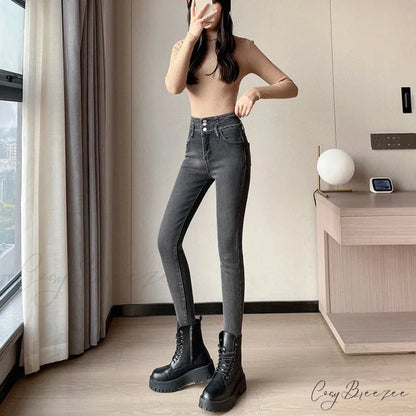 Winter Plus Velvet Skinny Women Stretch Denim Trousers Retro Patchwork Autumn Warm Thick Pencil Pants Jean GREY / 25