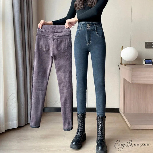 Winter Plus Velvet Warm Women Thickened High Waist Casual Slim Stretch Denim Trousers Skinny Pencil Pants Jean Blue