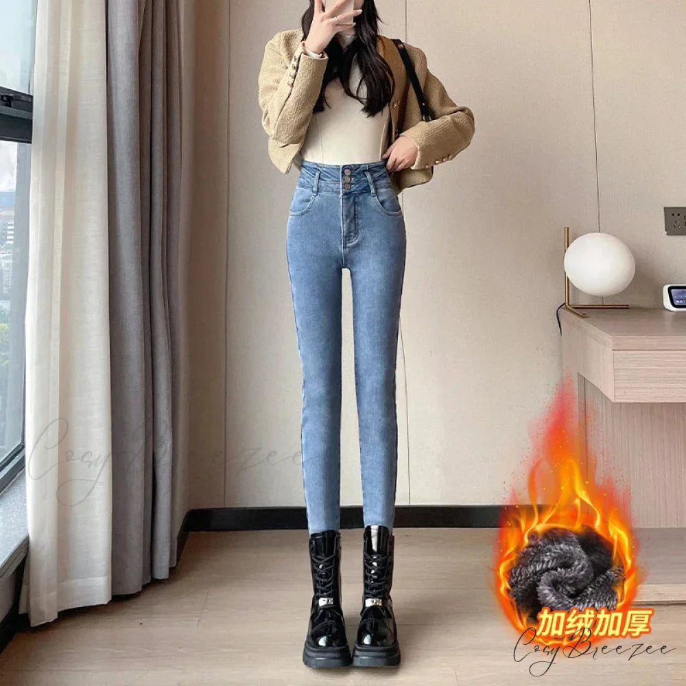 Winter Plus Velvet Women Warm Skinny Pencil Pants Thickened High Waist Casual Slim Stretch Denim Trousers Jean Retro