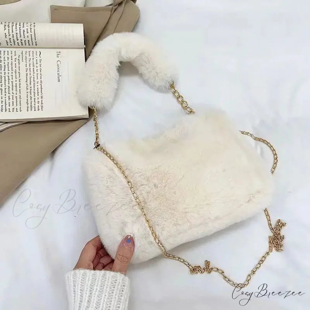 Winter Plush Fluffy Small Square Crossbody Handbag Beige handbag-250126