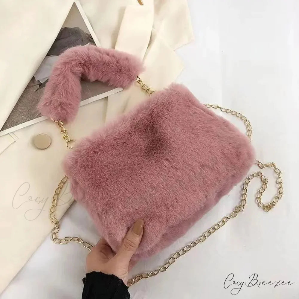 Winter Plush Fluffy Small Square Crossbody Handbag Dark Pink handbag-250126