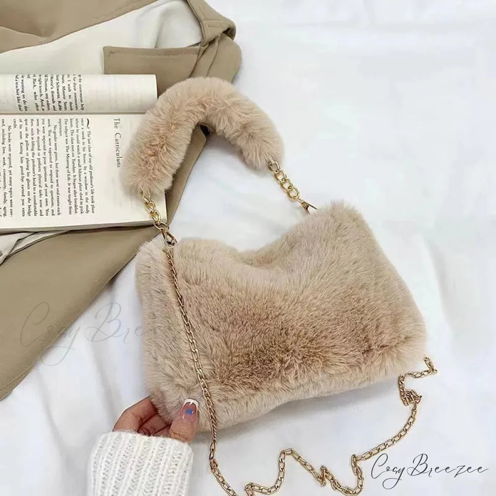 Winter Plush Fluffy Small Square Crossbody Handbag Khaki handbag-250126