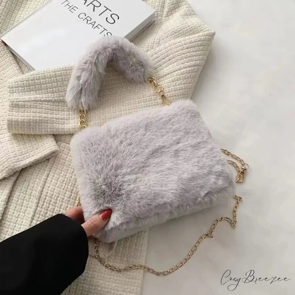 Winter Plush Fluffy Small Square Crossbody Handbag Light Grey handbag-250126