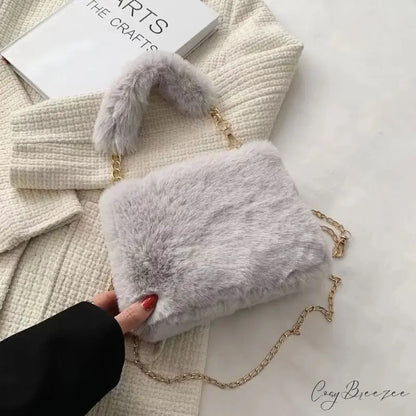 Winter Plush Fluffy Small Square Crossbody Handbag Light Grey handbag-250126