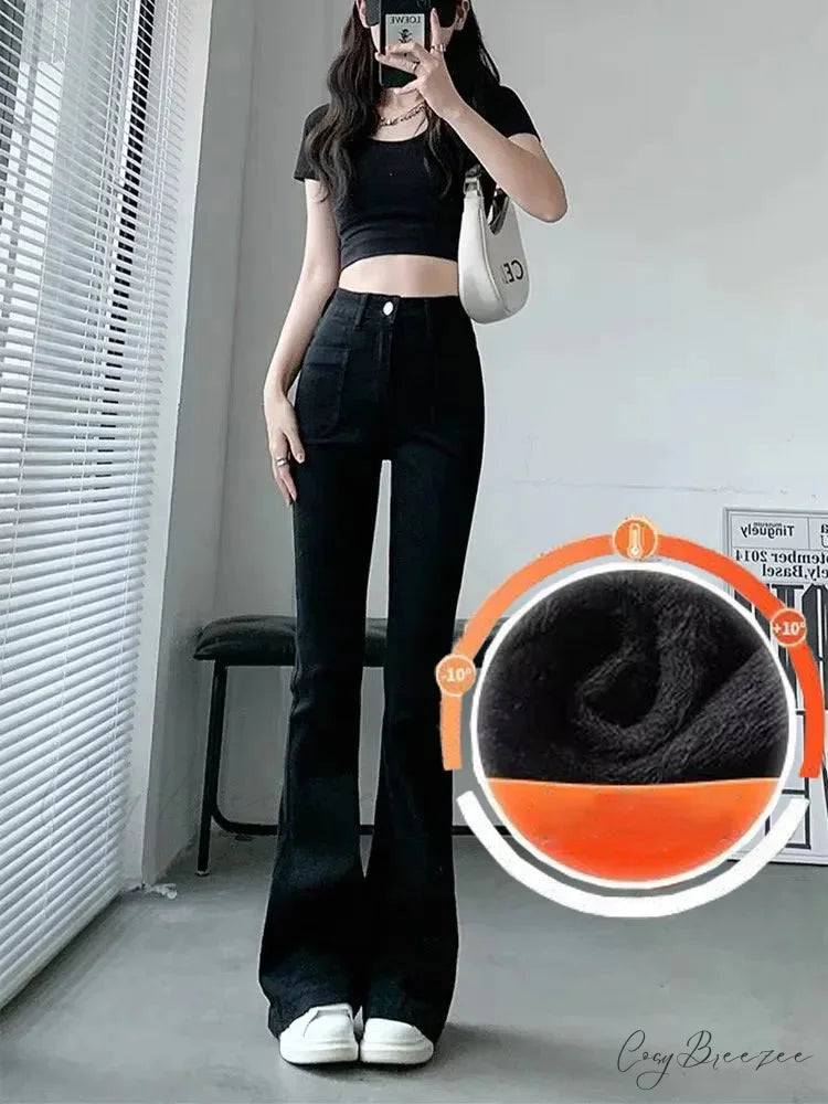 Winter Trend Dark Washed Thickened Natural Waist Micro Flared Zipper Fashion Jean BLACK / XS