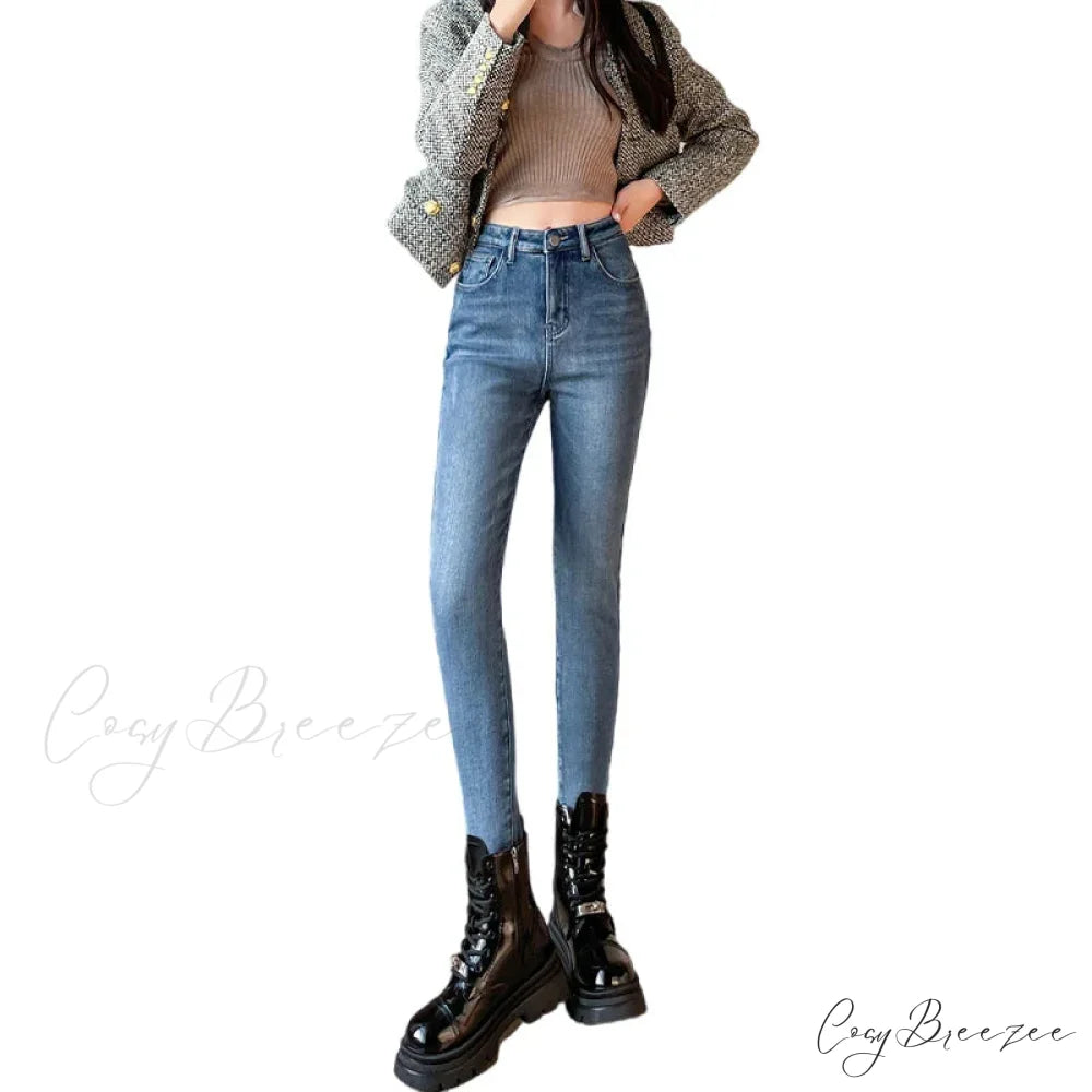 Winter Warm Plush Stretch Thermal Fleece Retro Thicken High Waist Jean