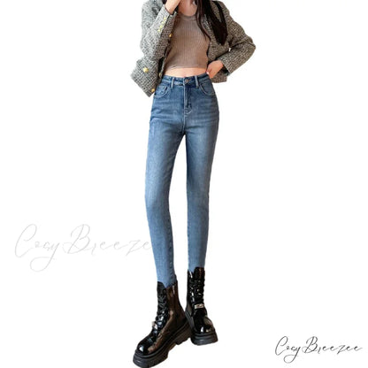Winter Warm Plush Stretch Thermal Fleece Retro Thicken High Waist Jean