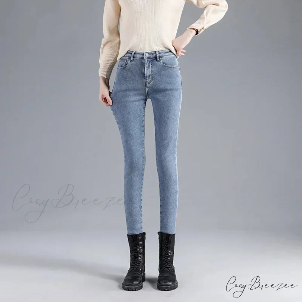 Winter Warm Thick Velvet High Skinny Slim Stretch Pencil Denim Jean BLUE / 25