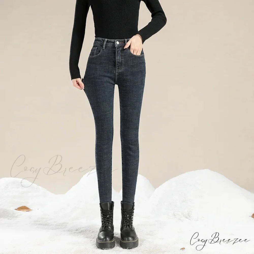 Winter Warm Thick Velvet High Skinny Slim Stretch Pencil Denim Jean Blue Grey / 25