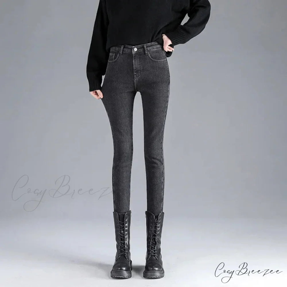 Winter Warm Thick Velvet High Skinny Slim Stretch Pencil Denim Jean GREY / 25