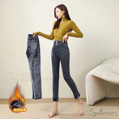 Winter Warm Women High Waist Skinny Thick Velvet Casual Lady Denim Pencil Pants Plus Size Fleece Slim Fit Stretch
