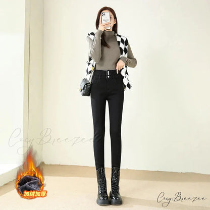 Winter Warm Women High Waist Skinny Thick Velvet Casual Lady Denim Pencil Pants Plus Size Fleece Slim Fit Stretch