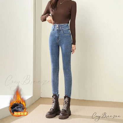 Winter Warm Women High Waist Skinny Thick Velvet Casual Lady Denim Pencil Pants Plus Size Fleece Slim Fit Stretch