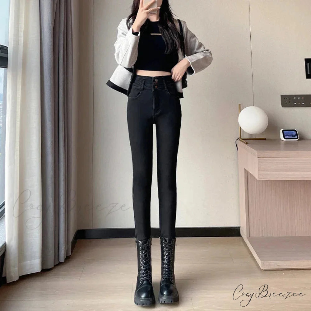Winter Women Stretch Skinny Retro Patchwork Warm Thick Pencil Pants Slim Stretch Denim Trousers Jean Black-Plush / 25