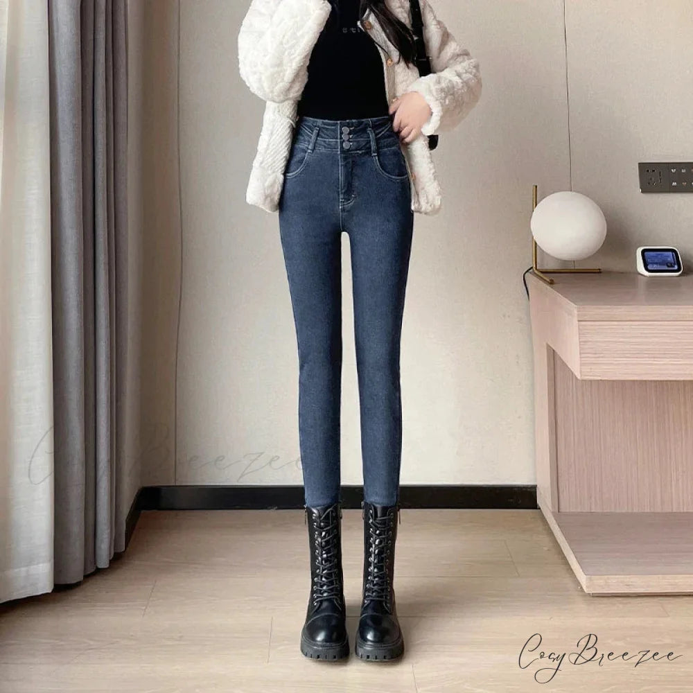 Winter Women Stretch Skinny Retro Patchwork Warm Thick Pencil Pants Slim Stretch Denim Trousers Jean Blue Grey-Plush